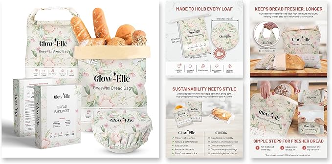 Reusable Bread Bags Set with Beeswax & Sourdough Bread Bag | Organic Cotton Bowl Cover | Freezer-Safe Bread Storage for Eco-Friendly Kitchens