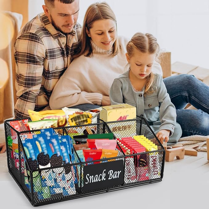 Metal Wire Snack Display Baskets,5-Compartment Snacks Storage Bin for Countertop,Office,Party,Bedroom,Kitchen,Pantry Shelf,Snacks Cabinet Dispenser Caddy for Chips,Packets