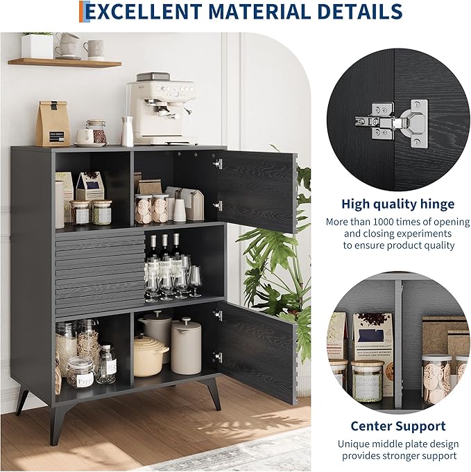 IDEALHOUSE Fluted Cabinet with Sliding Doors, Modern Wooden Storage Cabinet with Metal Base, 31 Inch Sideboard Cabinet with Storage for Dining Room,Living Room, Entryway