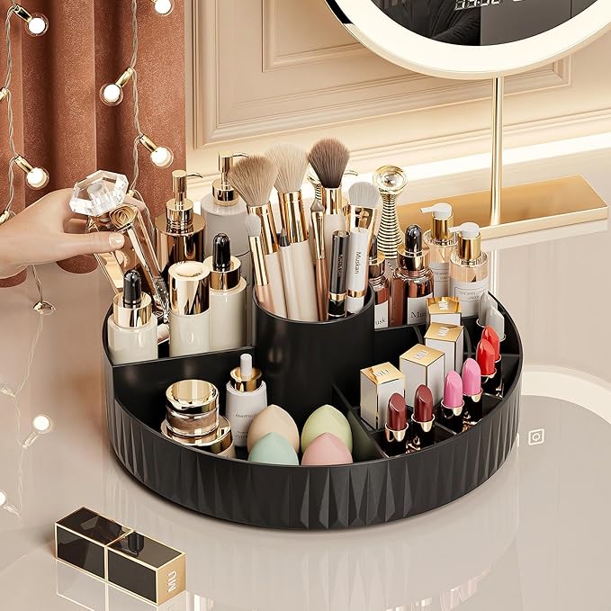 360° Rotate Makeup Organizer, Countertop Skincare Organizer, Large Capacity Multi-Compartment Makeup Brush Lipstick Skincare Organizer, Cosmetic Storage for Dresser Vanity & Bathroom (Black)