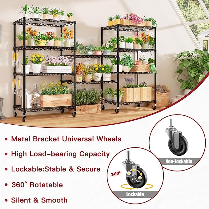 PrimeZone Wire Shelving Unit with Wheels, 5 Tier Adjustable NSF Certified Heavy Duty Metal Storage Shelves, Pantry Organizer Rack Rolling Kitchen Shelf for Closet, 24" W x 18" D x 75" H, Black, 4 PCS