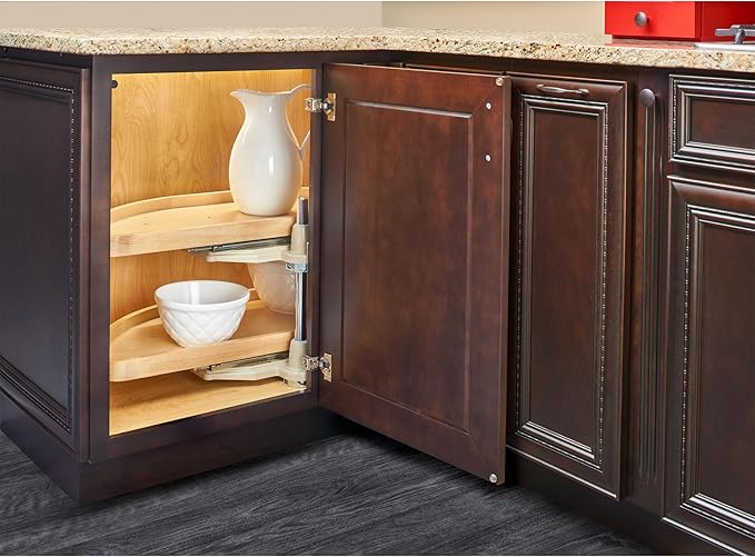 Rev-A-Shelf 32" Dual Shelf Half Moon Lazy Susan Organizer for Blind Corner Kitchen Cabinets, Pull Out Turntable Storage Trays, Wood, 4WLS882-32-570