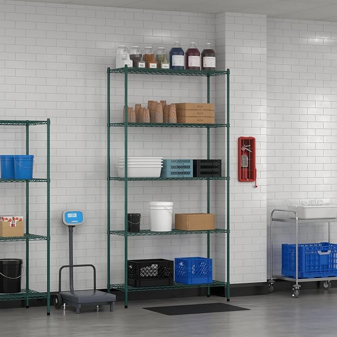Commercial NSF Listed Green Epoxy Stationary Wire Shelving Kit 18" x 48" x 96", with 5 Shelves Perfect for Warehouse, Walk-in Refrigerator, Freezer, Grocery Store, Restaurant, Dishroom