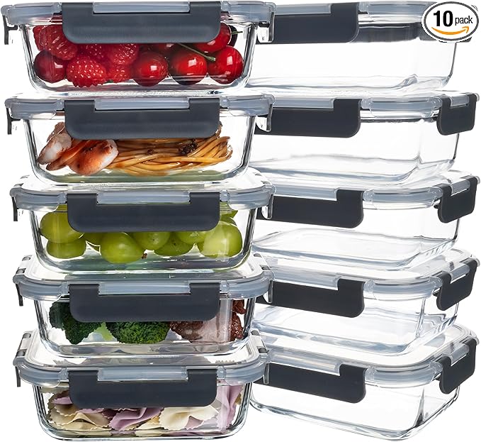 10 Pack 22 oz Glass Meal Prep Containers, Food Storage Containers with Lids, Airtight Leakproof Lunch Containers for Kitchen, Freezer, Microwave, Dishwasher Safe (Grey)