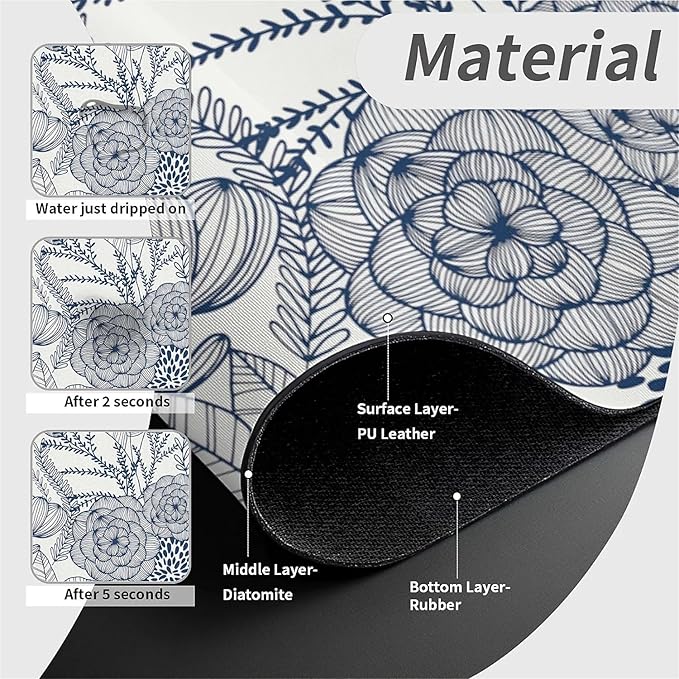 Kitchen Sink Splash Guard，Navy blue flower Faucet Mat Sink Gadgets-Super Absorbent Fast Drying Mat Drip Catcher for Kitchen, Bathroom,Sink Mat, Dish Drying Mat, Bathroom(15" X 5.5" )