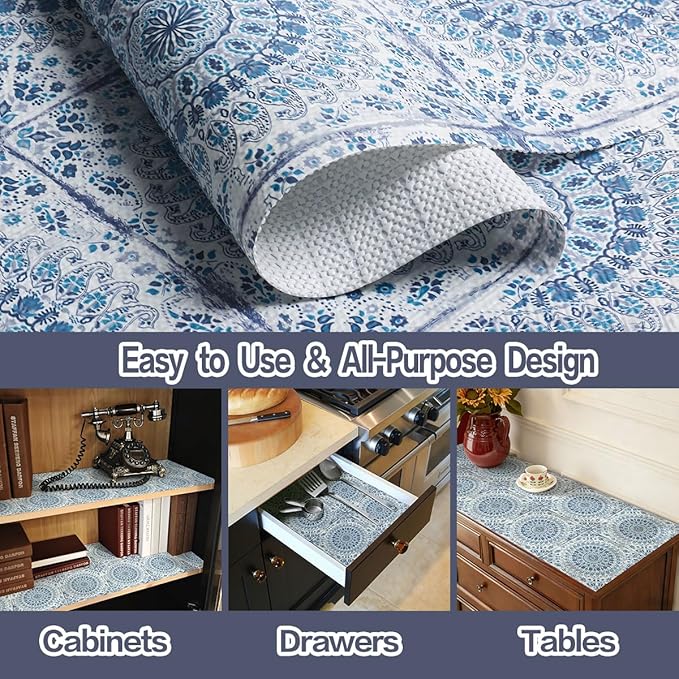 Vuacepe Drawer and Shelf Liner for Kitchen Cabinets Non-Adhesive Waterproof Boho Shelf Liner Strong Grip Non-Slip Drawer Liner Easy to Clean Blue Cabinet Liner for Shelf Dresser Cupboard 16IN × 10FT