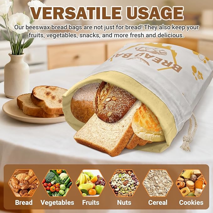 Extra Large Cotton Beeswax Bread Bags with Drawstring Closure (1 Pack) Reusable Bread Bags for Sourdough, Freshness Preservation, Freezer-Safe Food Storage for Gifts (19.7x13.4 Inch)