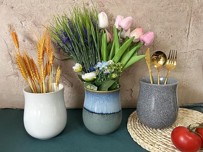 Short Kitchen Utensil Holder for Kitchen Counter, Ceramic Small Utensil Crock & Vase & Holder for Cutlery Spatula Brush Silverware Cooking Utensil Holder (Retro Sea Blue)