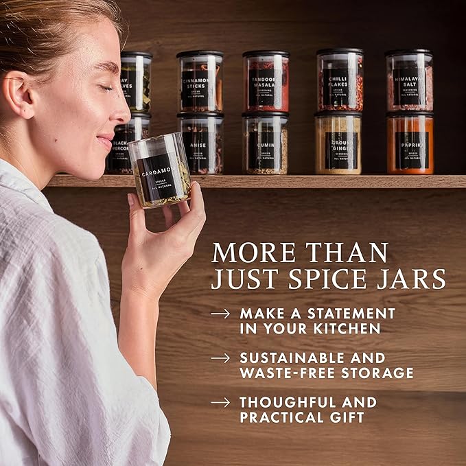 Glass Spice Jars with Labels-12 Pack- 6.8oz- 360 Labels- Spice Containers Bamboo Lids -Spices Organization for Cabinet-Drawer-Rack-Seasoning containers-herbs- Organizer-Spices Bottles-Black