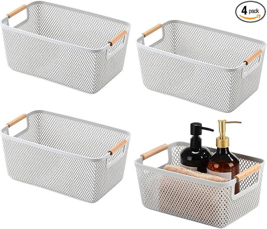 4 Pcs Plastic Mesh Baskets with Handles - Mesh Storage Organizer Bin Container Baskets for Home Organizing Pantry Closet Cabinet Kitchen Fridge Fruit Snacks Gifts, Grey(Small)