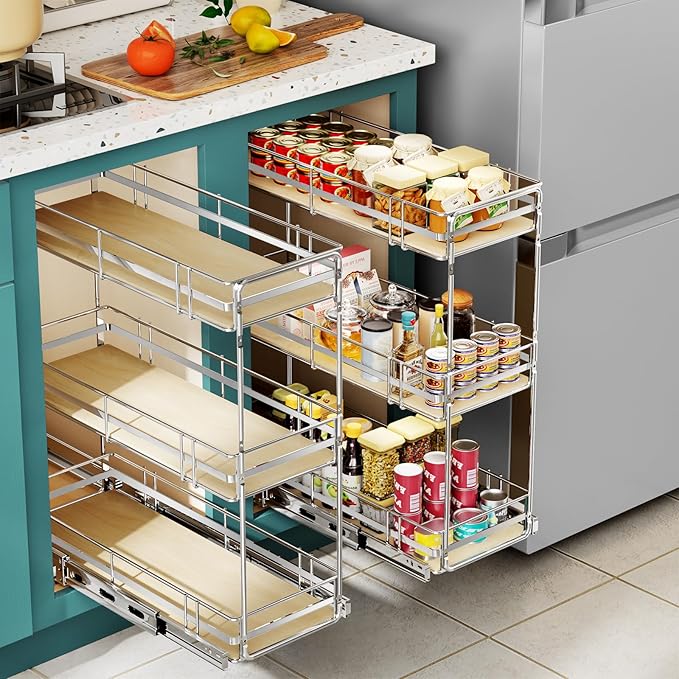 Pull Out Spice Rack Cabinet Organizer 6" W x 20½" D, 3 Tier Heavy Duty Slide Out Wood Shelf for Narrow Cabinet, Pull Out Storage for Kitchen