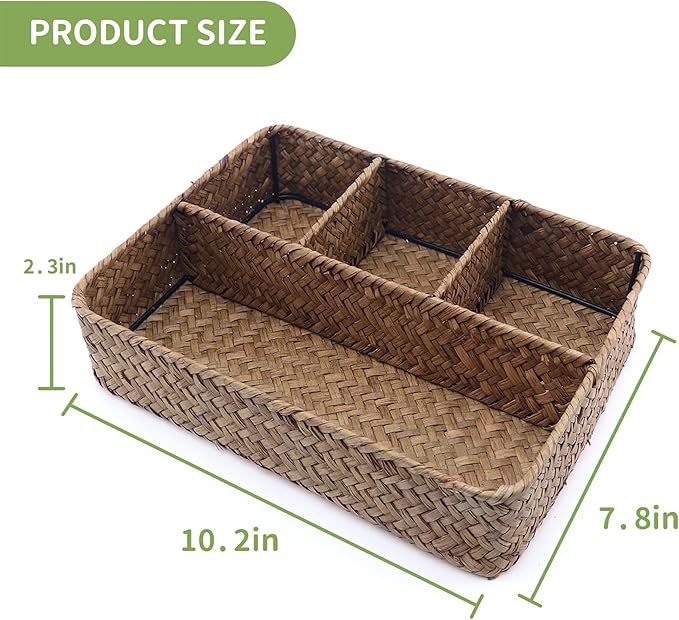 Wicker Baskets 4-Section Tea Bag/Sugar Packet Holder,Seagrass Woven Compartment Organizer,Storage Rattan Divided Basket,Office-Desk Baskets for Shelves,Pantry,Coffee Organizer,Countertops-Brown