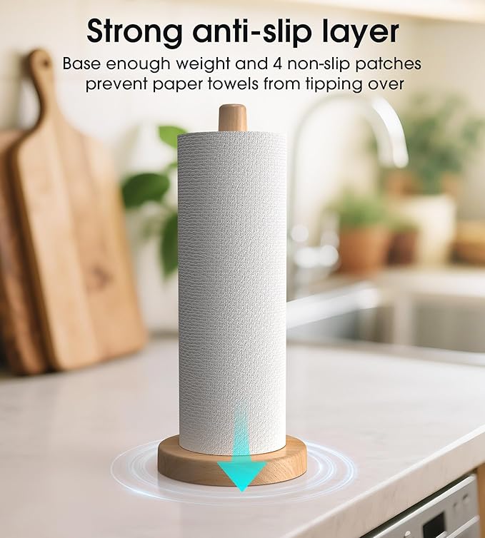Wooden Paper Towel Holder Stand for Jumbo Roll - Kitchen Paper Hanger Rack Bathroom Towel Roll Stand Organizer Simply Standing Countertop Paper Roll Holder, Large