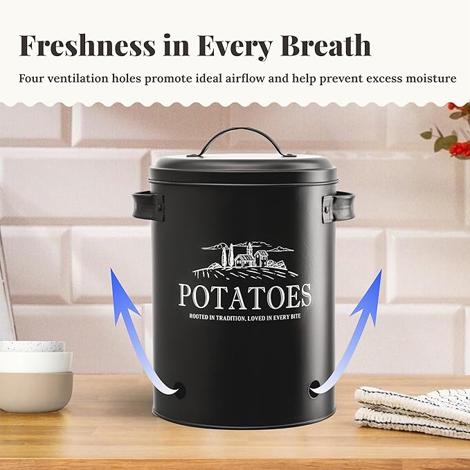 Potato and Onion Storage Bin Set – 3-Piece Ventilated Potato Storage Bin, Onion Storage Container and Garlic Container – Matte Black Finish