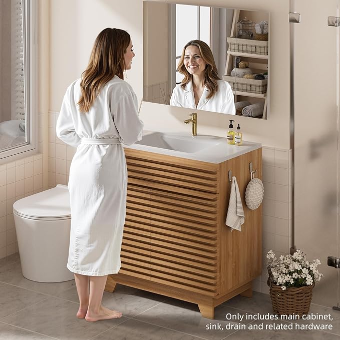 VNN 32 Inch Bathroom Vanity with Ceramic Sink - Freestanding Modern Bathroom Storage Vanity Cabinet with Fluted Design, Soft-Close Doors, Shelves, Toilet Paper Holder & Towel Hooks, Natural Oak