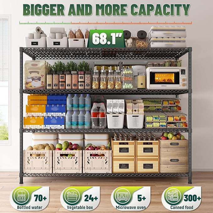 68''W Storage Shelves 2500LBS Wire Shelving Unit, Adjustable Garage Shelving Heavy Duty, Metal Shelving for Garage, Pantry, Kitchen, Basement, Commercial Industrial,68.1"W x 20.9"D x 70.9"H