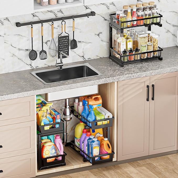 TOFWOF Under Sink Organizer 2 Pack, 2 Tier Adjustable Height Reinforced Carbon Steel Under Kitchen Bathroom Sink Storage Organizer, Smooth Pull-out Under Sink Cabinet Rack Drawer Organizer, Black