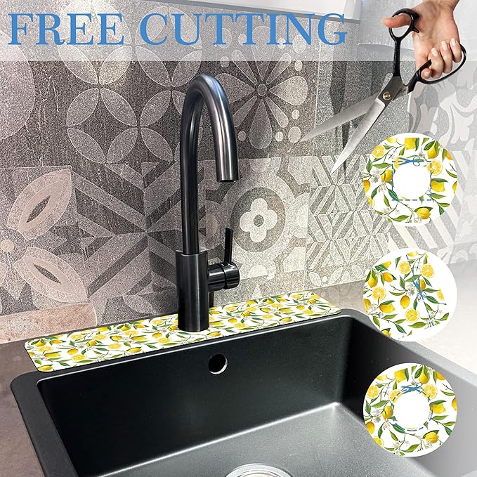 Lemon Fruit Faucet Mat Splash Guard Flower Leave Lemon, Soft Diatom Mud Material, Strong Water Absorption, Non-slip,Easy to Clean for Bathroom, Kitchen 23.5"X5.5"