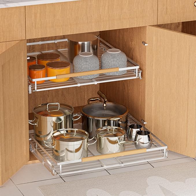 SANNO Pull Out Cabinet Organizer, Heavy Duty Steel Metal cabinet drawers slide out, Expandable Slide Out Shelves Requires At Least 23.1 to 39.9" W Cabinet Opening