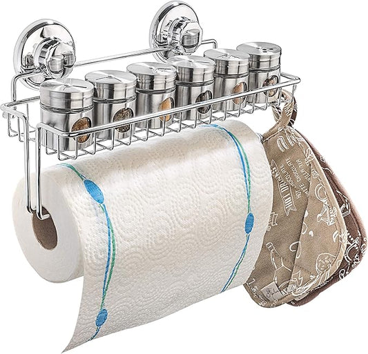 HASKO Suction Cup Paper Towel Holder with Shelf and Hooks - Wall Mount Metal Organizer for Bathroom & Kitchen - SUS 304 Stainless Steel Tissue Roll Hanger - Chrome