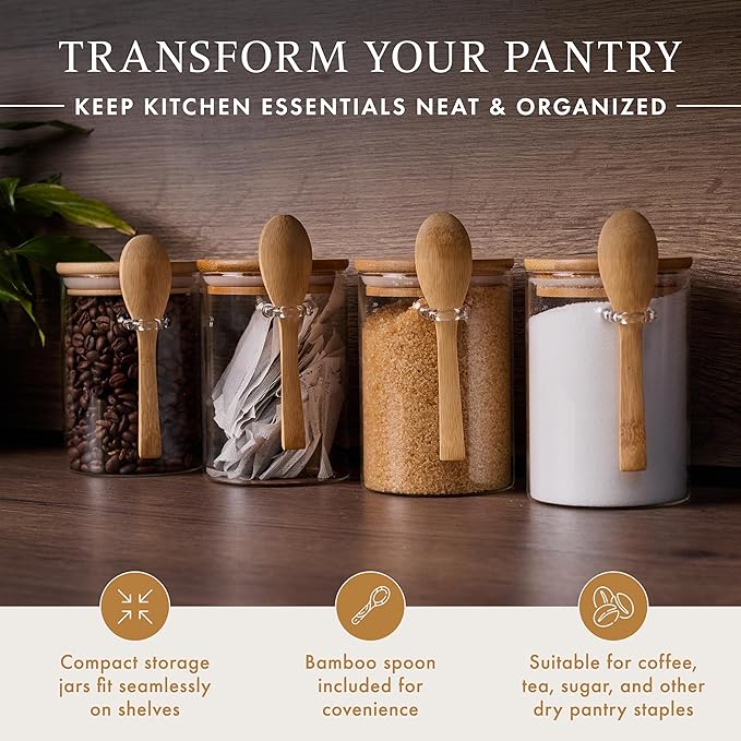 Set of 4 Glass Pantry Storage Containers with lids (17oz) – Glass Sugar Container with Spoon perfect for -Tea, Coffee, Sugar, Spices & More – Stylish Kitchen Food Storage Containers