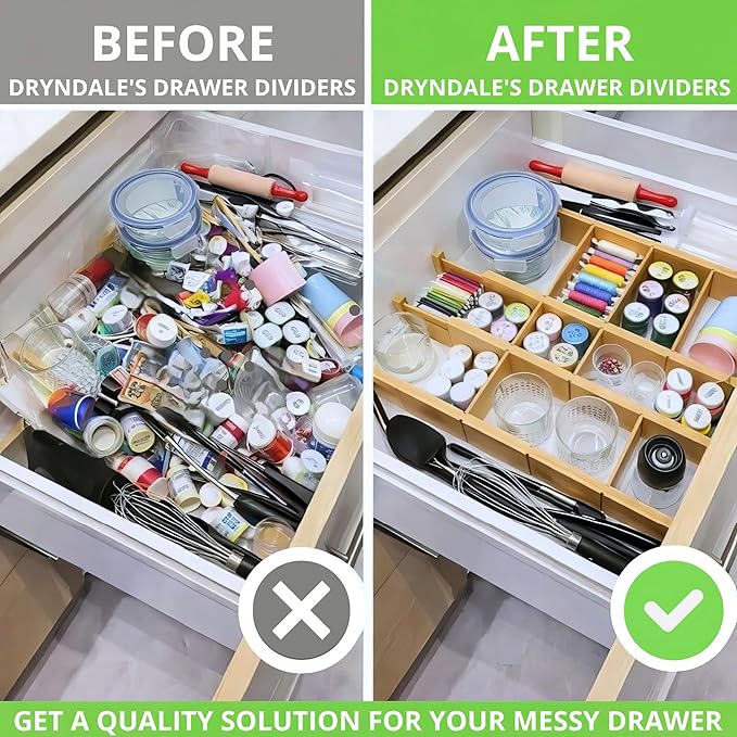 13.7-18.7" Expandable Bamboo Drawer Dividers with Inserts 4-Pack Spring-Loaded with Non-Slip EVA Pads, Adjustable Separator Set for Kitchen Utensils,Bedroom, Office,Bathroom