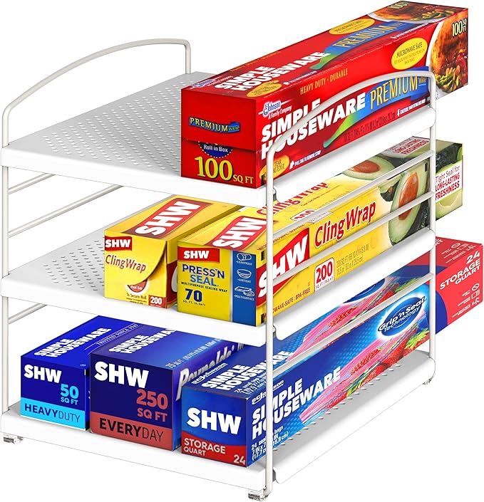 Simple Houseware Kitchen Wrap Organizer Storage Height Adjustable Rack, White