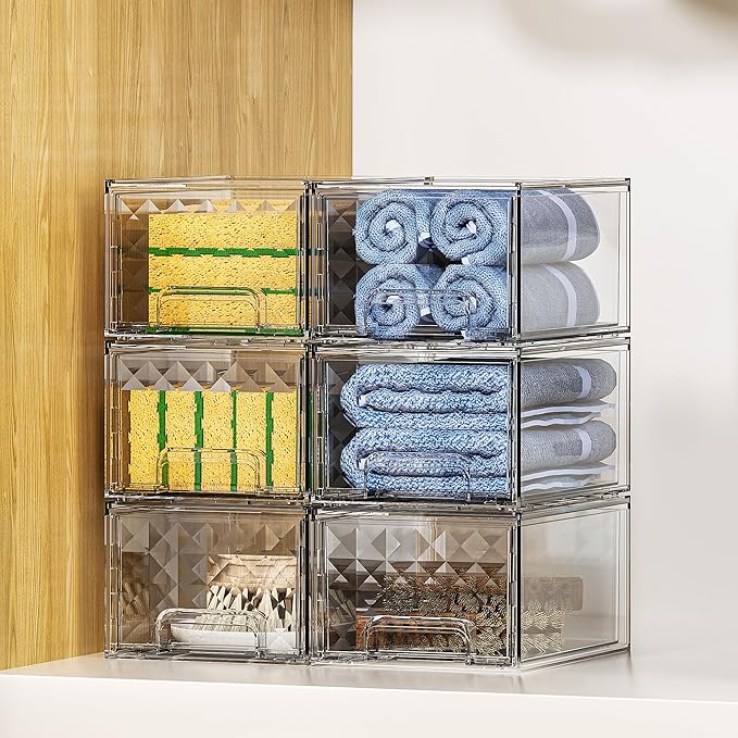 Delamu 4 Pack Stackable Storage Drawers, Makeup Skincare Holder Vanity Storage Organizer, Plastic Drawers For Vanity Desk, Undersink, Kitchen Cabinet, Pantry, Clear, Ideal Christmas Gifts for Girls