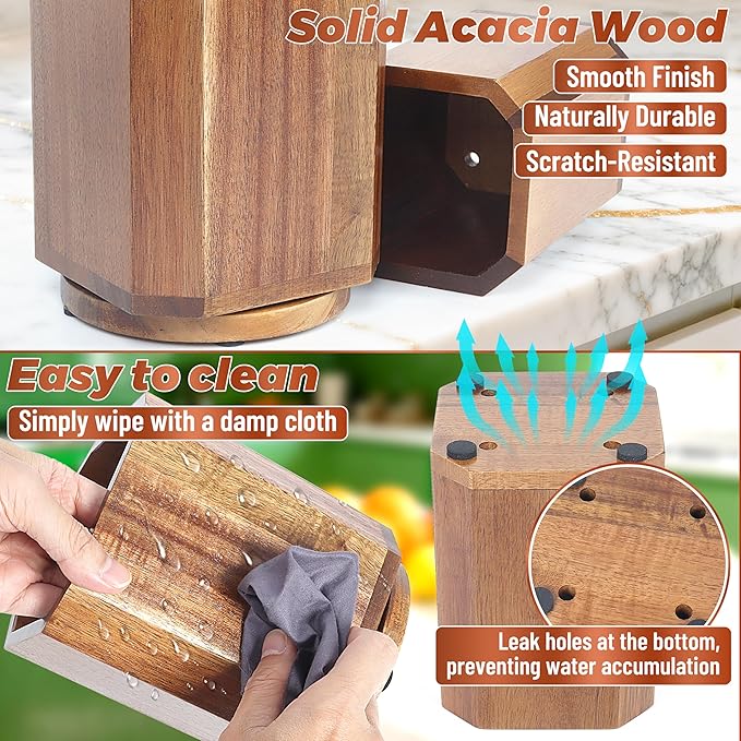 Wooden Utensil Holder Set: 3PCS Extra Large Acacia Wood Organizer with 360° Rotating Base for Kitchen Countertop - Farmhouse Storage Crock for Multi-Generation Family & Cooking Enthusiasts