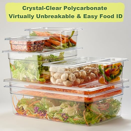 CURTA 6-Pack 1/3 Size 6" Deep NSF Polycarbonate Food Pans with Handled Lids & Drain Trays | Dishwasher & Freezer Safe Clear Container for Prep Tables, Buffet, Salad Bar, Commercial Kitchen
