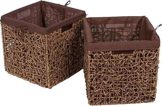 Trademark Innovations 10.6" Foldable Seagrass Storage Basket with Liner and Iron Wire Frame (Set of 2)