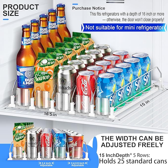 Drink Organizer for Fridge, drink dispenser for fridge, Automatic Pusher Glide,12oz 16oz 20oz-Soda Dispenser for Fridge-Holds up to 25 Cans - 5 Rows White