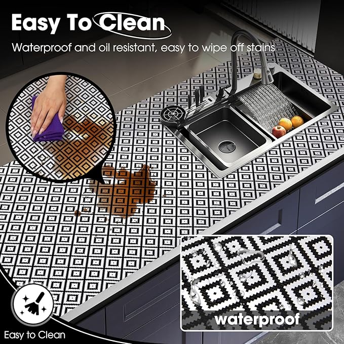 ALIUNI Drawer and Shelf Liner, Non-Slip Kitchen Cabinet Liners Non-Adhesive Thick Strong Grip Waterproof Washable Mats Protect Dresser Shelves Cupboard Bathroom Cabinets, Black & White, 24 in X 10 FT