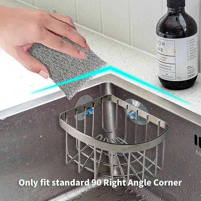 Sink Caddy, Dish Cloth Hanger Sponge Holder, Save Space Triangle 2-in-1 Sink Caddy, 304 Stainless Steel Corner Kitchen Sink Organizer, No Drilling with 2Pcs Suckers