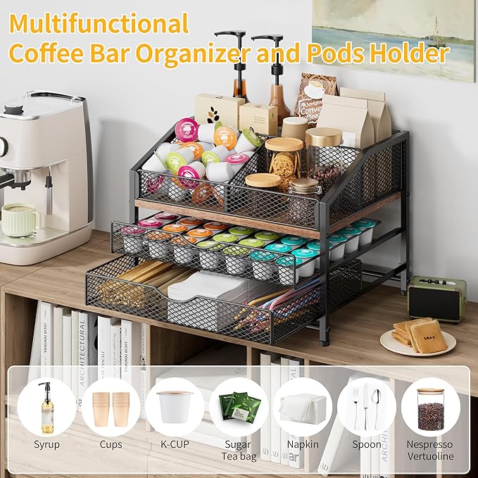 Coffee Bar Organizer for Countertop, Coffee Station Organizer with Removable Dividers, Metal and Wood K Cup Holder Storage Basket for Pods, Syrup, Stirrer and Condiment, Black and Brown