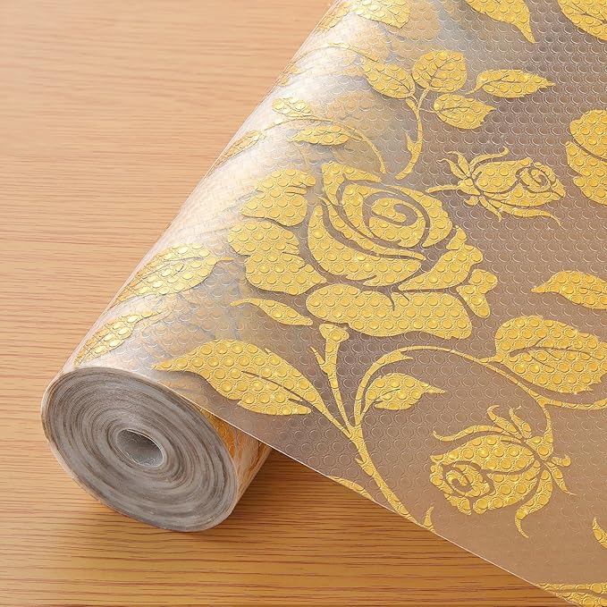 INNOLITES Shelf Liner for Cabinets, Non-Adhesive for Kitchen Drawer Liner, Waterproof Shelf Paper with Floral Pattern, Durable Easy to Clean (Golden Rose, 23.6" x 118")