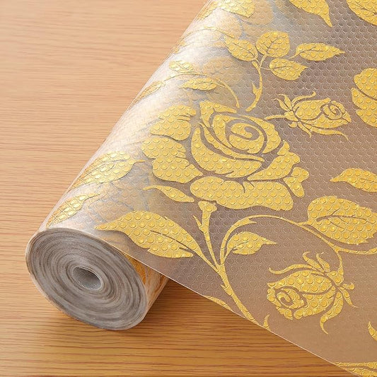INNOLITES Shelf Liner for Cabinets, Non-Adhesive for Kitchen Drawer Liner, Waterproof Shelf Paper with Floral Pattern, Durable Easy to Clean (Golden Rose, 11.8" x 118")
