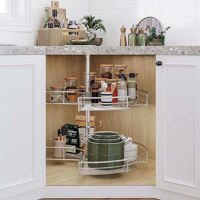 DWVO 28-Inch 2-Tier Lazy Susan Turnable for Cabinet, Rotating 2-Shelf Lazy Susan Corner Organizer with Adjustable Height for Kitchen Pantry, Chrome-Plated Double Spinning Corner Organizer, Silver