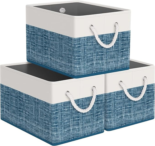 Storage Bin,Collapsible Storage Basket For Organizing,Large Storage Boxes With Rope Handles,Storage Containers,White & Blue,3 Pack