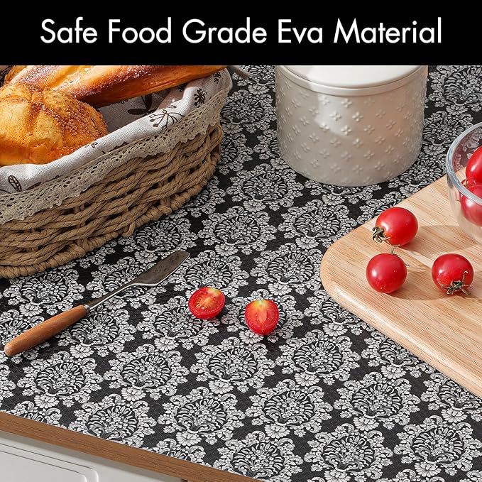 Cooyes Shelf and Drawer Liners for Kitchen Cabinets, Non-Adhesive Cabinet Liners, EVA Waterproof Durable Shelf Paper for Refrigerator, Shelves, Cupboard with European Pattern, Easy to Cut