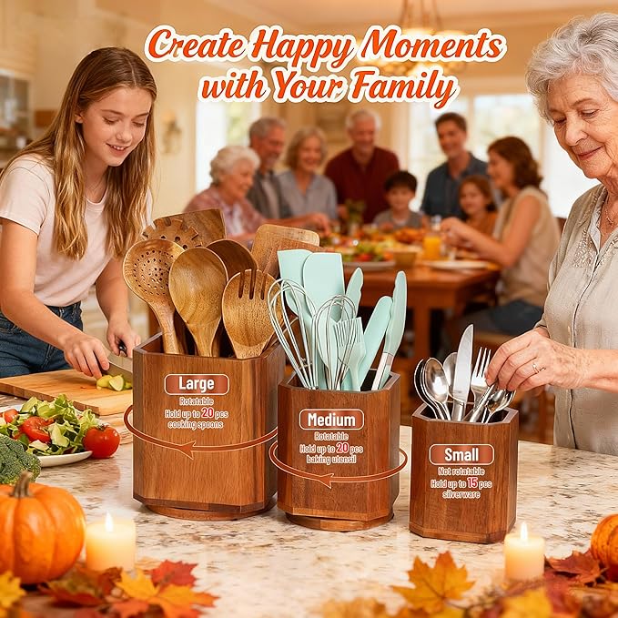 Wooden Utensil Holder Set: 3PCS Extra Large Acacia Wood Organizer with 360° Rotating Base for Kitchen Countertop - Farmhouse Storage Crock for Multi-Generation Family & Cooking Enthusiasts
