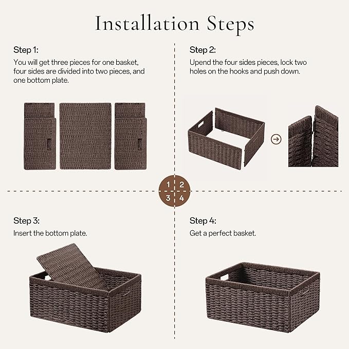 joybest Medium Wicker Baskets, Woven Paper Rope Storage Baskets for Organizing, Foldable Rectangular Bin with Handles for Pantry, 13.4L x 8.3W x 7.1H inch, 2-pack Dark Brown