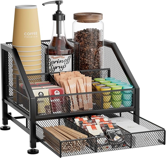 SWTYMIKI Coffee Bar Organizer for Countertop – Space-Saving Kcup Organizer with Drawer and Tiered Shelves, Countertop Coffee Station for Pods, Sugar, Syrup, Cups, Stirrers, Mesh Condiment Storage