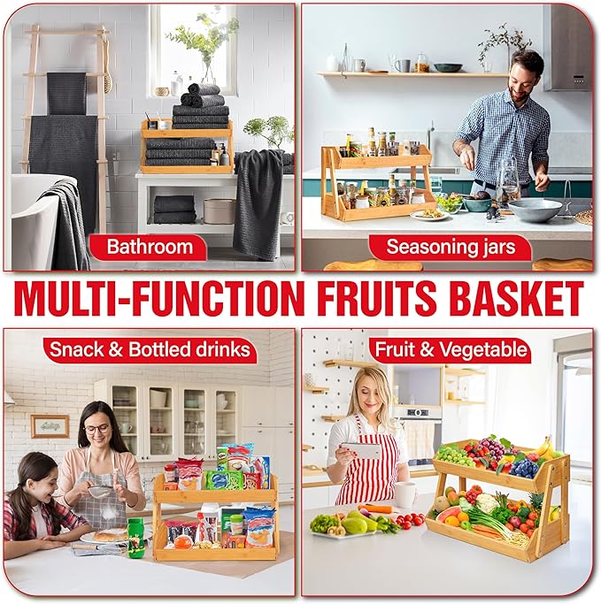 [Upgraded Length] 16.5-Inch Fruit Stand Storage Holder with 4 Sturdier Legs, 2-Tier Fruit Basket , Bamboo Fruit Bowl Holder for Fruit,Vegetables,Bread, Snacks, Home Kitchen Countertop Organizer
