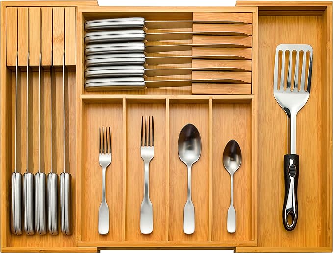 Expandable Drawer Organizer with Knife Block - Bambusi Bamboo Kitchen Utensil & Silverware Organizer, Adjustable Cutlery Tray Divider for Flatware, 7 Compartment Large Drawer Organizer