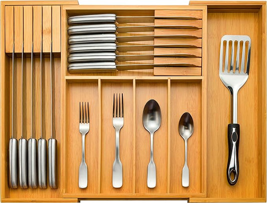 Expandable Drawer Organizer with Knife Block - Bambusi Bamboo Kitchen Utensil & Silverware Organizer, Adjustable Cutlery Tray Divider for Flatware, 7 Compartment Large Drawer Organizer