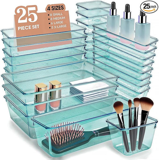 Kitchen Desk Drawer Organizers Storage for Office, Small Acrylic Vanity Trays Makeup Organizer for Drawer Bathroom Plastic Make up Organizers 25 Pcs Clear Blue