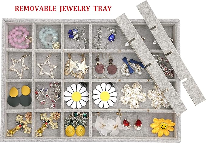 Stratalife Earring Organizer Stackable Jewelry Tray Removable Display Tray Organizer for Jewelry Necklace Earring Drawer Insert 24 Grid Grey