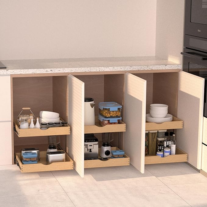 2-Tier Wood Cabinet Pull Out Shelves (20" W x 22" D), Wooden Slide Out Drawers for Kitchen Cabinets, Heavy-Duty 22 Inch Deep Sliding Cabinet Organizer