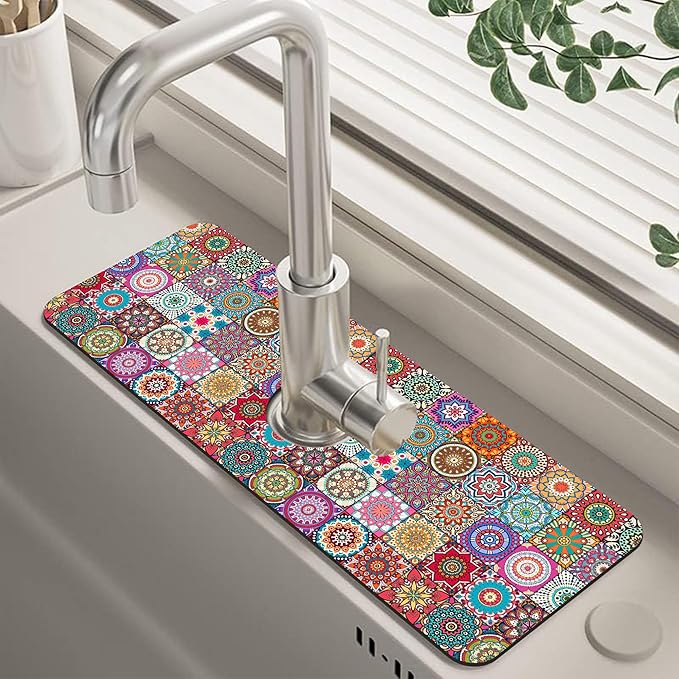 Vintage Boho Mandala Floral Kitchen Sink Splash Guard Mat Absorbent Fast Drying Mat Faucet Draining Mat Sink Splash Guard Behind Faucet Drip Catcher for Kitchen Bathroom 5.5"×15"